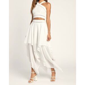 White Textured Two Piece Set Midi Skirt & Halter Crop Top | Boho Summer Outfit |